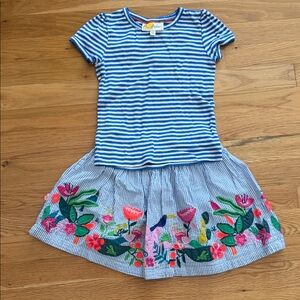 Mini Boden Blue and White Striped Top & Floral Appliqué Skirt